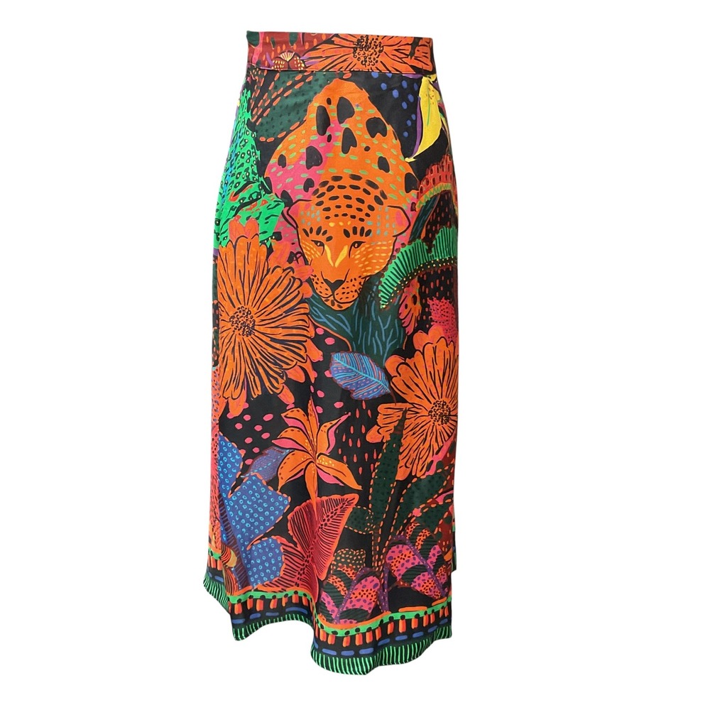 FARM Rio Women's Black Cool Leopards Floral Printed A-line Midi Skirt Size Small - Picture 5 of 12